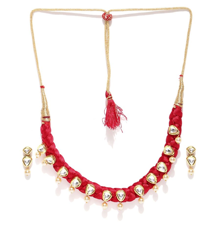 YouBella Red  Gold-Toned Stone-Studded Beaded Jewellery Set